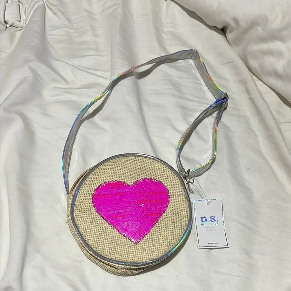 PS4U Pink sequin Heart Crossbody Bag on tan burlap look round bag NWT